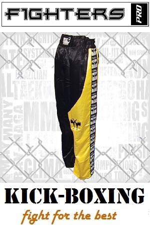 FIGHTERS - Pantaloni da Kickboxing / Raso / Nero-Giallo / Small