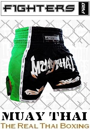 FIGHTERS - Shorts de boxe thai / Elite Muay Thai / Noir-Vert / Large